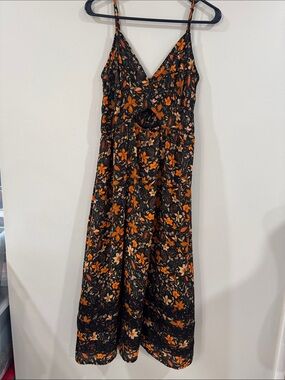 Max + Ash Floral V-Neck cutout Midi Dress in Black and Orange boho lace